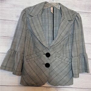 Exhilaration Womens Blazer Jacket Gray Plaid Size L 3/4 Sleeve Ruffle Button
